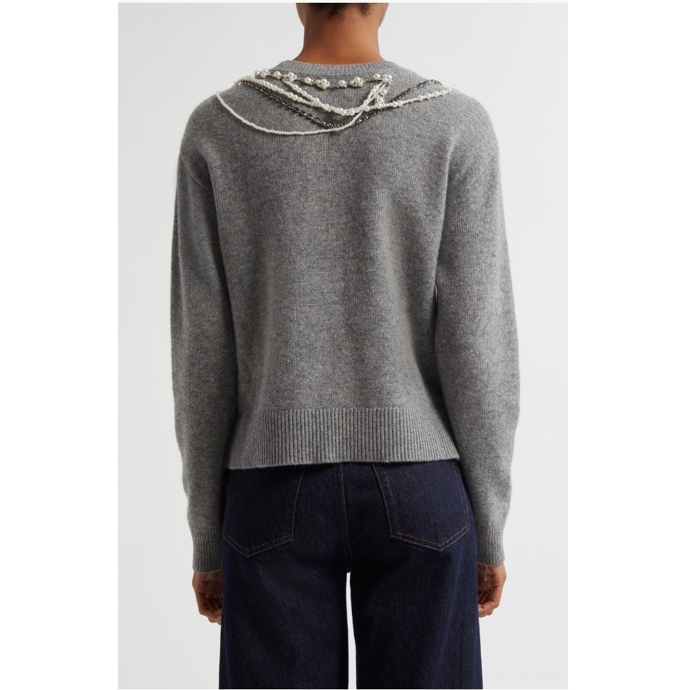CINQ À SEPT Lilliana Necklace Detail Wool Blend Pullover Sweater in Grey - Picture 2 of 7